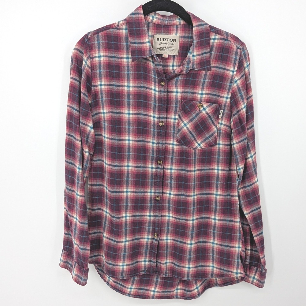 Burton Flannel Shirt Women Small Burgundy Plaid Long Sleeve Button Up Outdoor